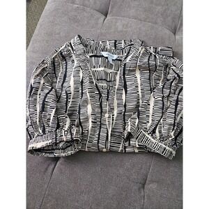 Nine West Abstract Geometric Button Front Top w/ Puff Sleeves Size Large Cotton